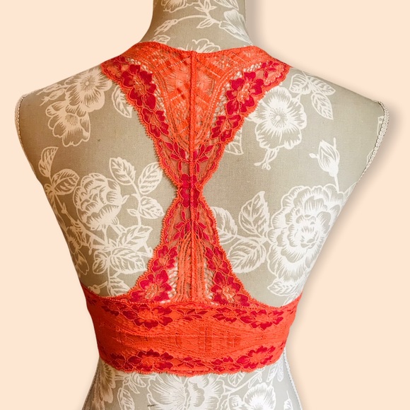 Free People Racerback Lace Bralette Orange & Hot Pink Floral Lace Size XS - Picture 3 of 9